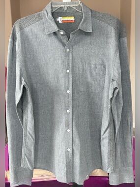Sivin Gray Button Down Shirt Owl Button Rainbow Trim Men’s L